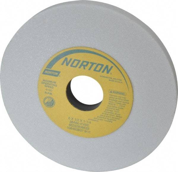 Norton - 6" Diam x 1-1/4" Hole x 1/2" Thick, K Hardness, 60 Grit Surface Grinding Wheel - Aluminum Oxide, Type 1, Medium Grade, 4,140 Max RPM, Vitrified Bond, No Recess - Caliber Tooling