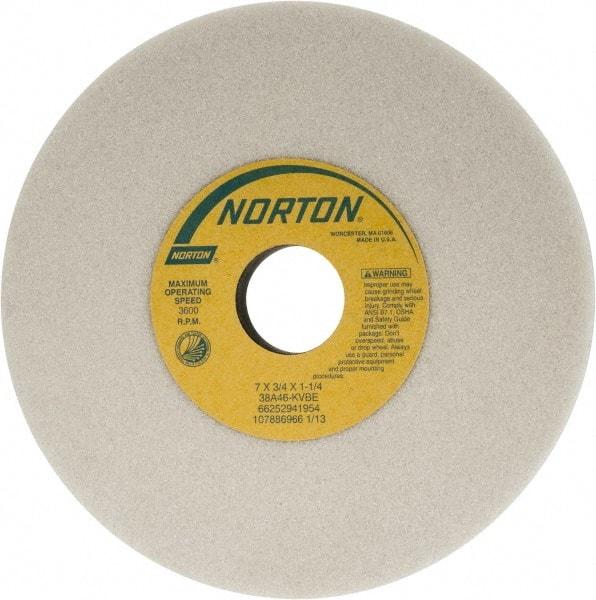 Norton - 7" Diam x 1-1/4" Hole x 3/4" Thick, K Hardness, 46 Grit Surface Grinding Wheel - Aluminum Oxide, Type 1, Coarse Grade, 3,600 Max RPM, Vitrified Bond, No Recess - Caliber Tooling