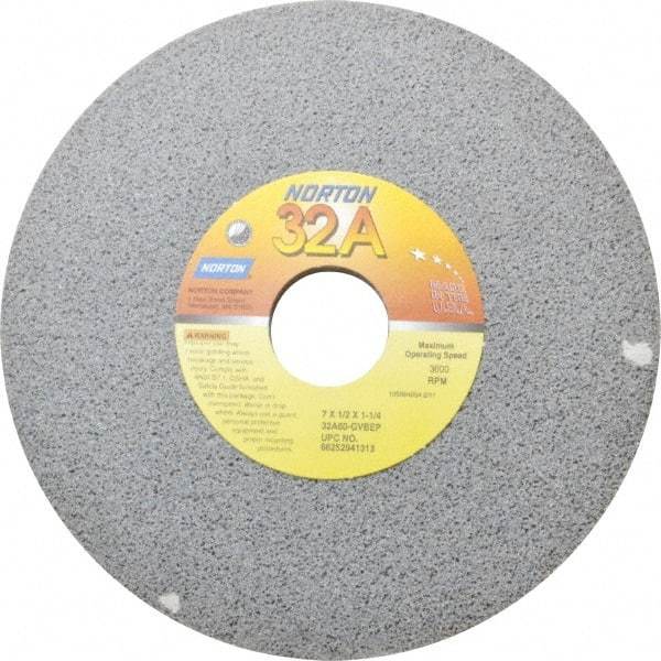 Norton - 7" Diam x 1-1/4" Hole x 1/2" Thick, G Hardness, 60 Grit Surface Grinding Wheel - Aluminum Oxide, Type 1, Medium Grade, 3,600 Max RPM, Vitrified Bond, No Recess - Caliber Tooling