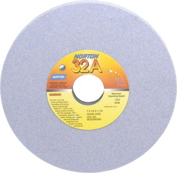 Norton - 7" Diam x 1-1/4" Hole x 1/2" Thick, J Hardness, 80 Grit Surface Grinding Wheel - Aluminum Oxide, Type 1, Medium Grade, 3,600 Max RPM, Vitrified Bond, No Recess - Caliber Tooling