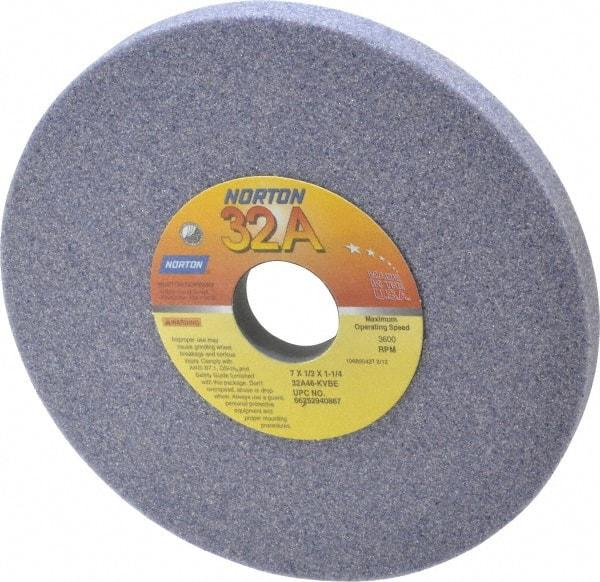 Norton - 7" Diam x 1-1/4" Hole x 1/2" Thick, K Hardness, 46 Grit Surface Grinding Wheel - Aluminum Oxide, Type 1, Coarse Grade, 3,600 Max RPM, Vitrified Bond, No Recess - Caliber Tooling