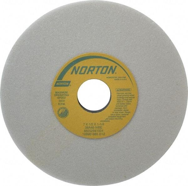 Norton - 7" Diam x 1-1/4" Hole x 1/2" Thick, I Hardness, 46 Grit Surface Grinding Wheel - Aluminum Oxide, Type 1, Coarse Grade, 3,600 Max RPM, Vitrified Bond, No Recess - Caliber Tooling