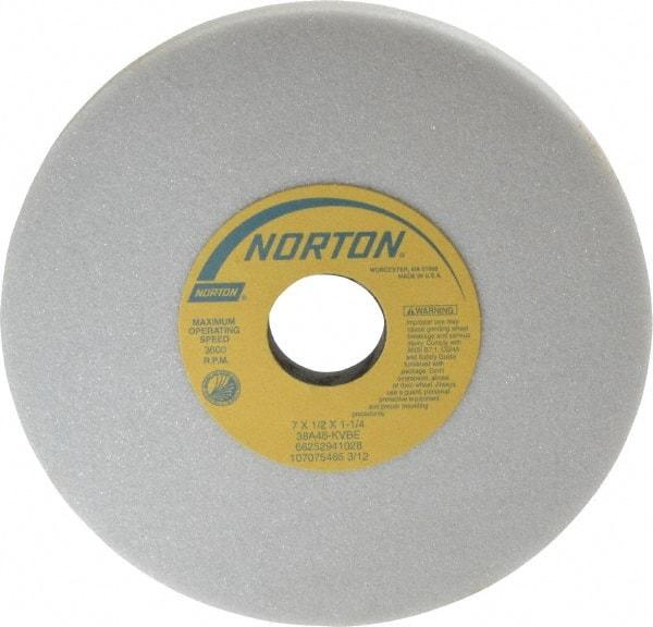 Norton - 7" Diam x 1-1/4" Hole x 1/2" Thick, K Hardness, 46 Grit Surface Grinding Wheel - Aluminum Oxide, Type 1, Coarse Grade, 3,600 Max RPM, Vitrified Bond, No Recess - Caliber Tooling