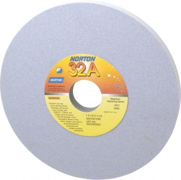 Norton - 7" Diam x 1-1/4" Hole x 1/2" Thick, I Hardness, 100 Grit Surface Grinding Wheel - Aluminum Oxide, Type 1, Fine Grade, 3,600 Max RPM, Vitrified Bond, No Recess - Caliber Tooling