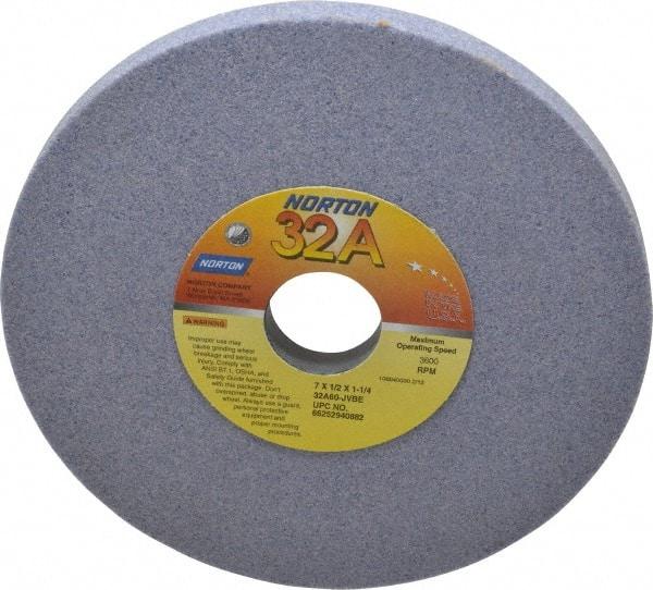 Norton - 7" Diam x 1-1/4" Hole x 1/2" Thick, J Hardness, 60 Grit Surface Grinding Wheel - Aluminum Oxide, Type 1, Medium Grade, 3,600 Max RPM, Vitrified Bond, No Recess - Caliber Tooling