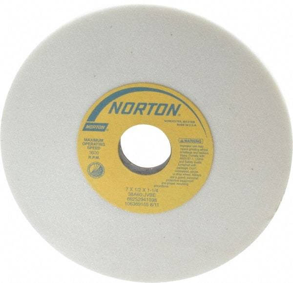 Norton - 7" Diam x 1-1/4" Hole x 1/2" Thick, J Hardness, 60 Grit Surface Grinding Wheel - Aluminum Oxide, Type 1, Medium Grade, 3,600 Max RPM, Vitrified Bond, No Recess - Caliber Tooling