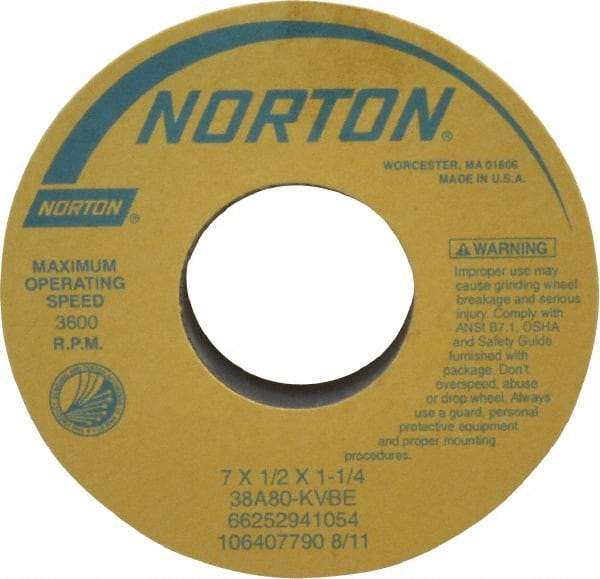 Norton - 7" Diam x 1-1/4" Hole x 1/2" Thick, K Hardness, 80 Grit Surface Grinding Wheel - Aluminum Oxide, Type 1, Medium Grade, 3,600 Max RPM, Vitrified Bond, No Recess - Caliber Tooling