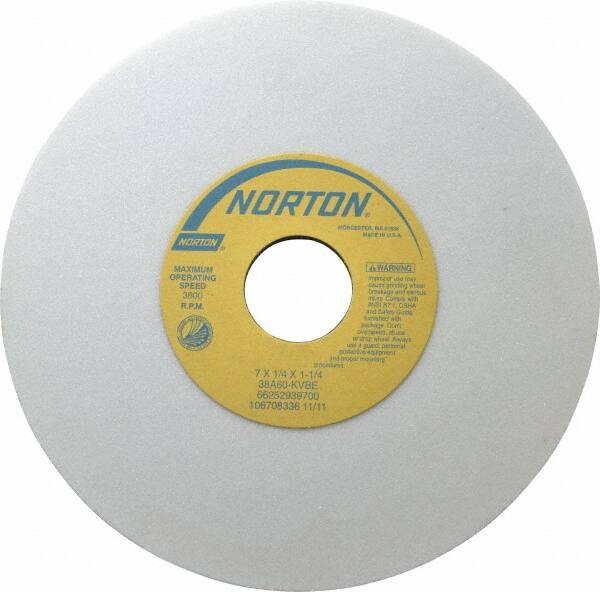 Norton - 7" Diam x 1-1/4" Hole x 1/4" Thick, K Hardness, 60 Grit Surface Grinding Wheel - Aluminum Oxide, Type 1, Medium Grade, 3,600 Max RPM, Vitrified Bond, No Recess - Caliber Tooling