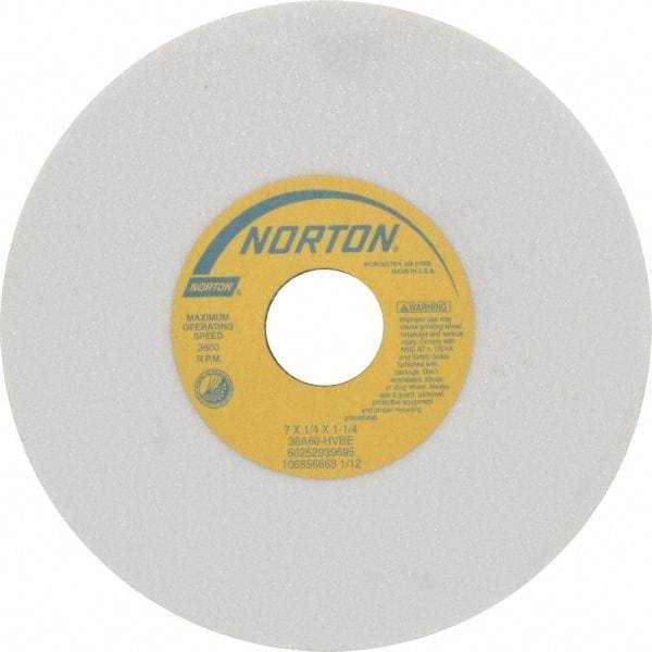 Norton - 7" Diam x 1-1/4" Hole x 1/4" Thick, H Hardness, 60 Grit Surface Grinding Wheel - Aluminum Oxide, Type 1, Medium Grade, 3,600 Max RPM, Vitrified Bond, No Recess - Caliber Tooling