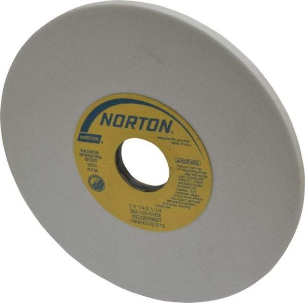 Norton - 7" Diam x 1-1/4" Hole x 1/4" Thick, K Hardness, 100 Grit Surface Grinding Wheel - Aluminum Oxide, Type 1, Fine Grade, 3,600 Max RPM, Vitrified Bond, No Recess - Caliber Tooling