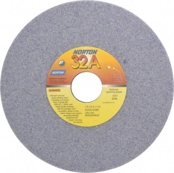 Norton - 7" Diam x 1-1/4" Hole x 1/4" Thick, H Hardness, 46 Grit Surface Grinding Wheel - Aluminum Oxide, Type 1, Coarse Grade, 3,600 Max RPM, Vitrified Bond, No Recess - Caliber Tooling