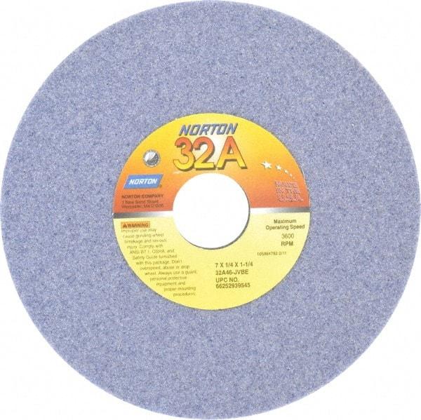 Norton - 7" Diam x 1-1/4" Hole x 1/4" Thick, J Hardness, 46 Grit Surface Grinding Wheel - Aluminum Oxide, Type 1, Coarse Grade, 3,600 Max RPM, Vitrified Bond, No Recess - Caliber Tooling