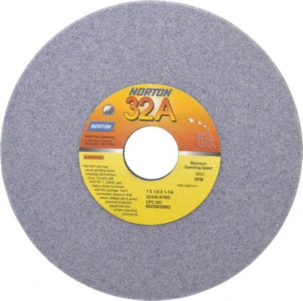 Norton - 7" Diam x 1-1/4" Hole x 1/4" Thick, K Hardness, 46 Grit Surface Grinding Wheel - Aluminum Oxide, Type 1, Coarse Grade, 3,600 Max RPM, Vitrified Bond, No Recess - Caliber Tooling