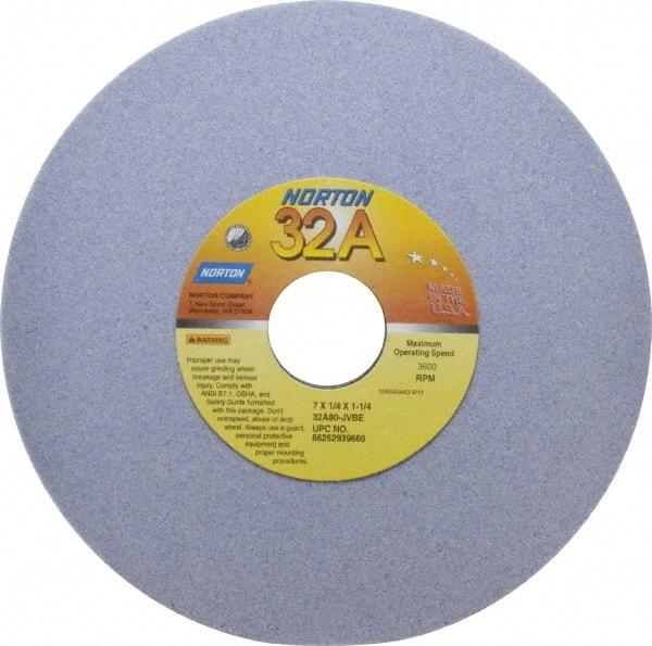 Norton - 7" Diam x 1-1/4" Hole x 1/4" Thick, J Hardness, 80 Grit Surface Grinding Wheel - Aluminum Oxide, Type 1, Medium Grade, 3,600 Max RPM, Vitrified Bond, No Recess - Caliber Tooling