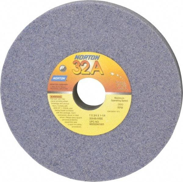 Norton - 7" Diam x 1-1/4" Hole x 3/4" Thick, I Hardness, 46 Grit Surface Grinding Wheel - Aluminum Oxide, Type 1, Coarse Grade, 3,600 Max RPM, Vitrified Bond, No Recess - Caliber Tooling