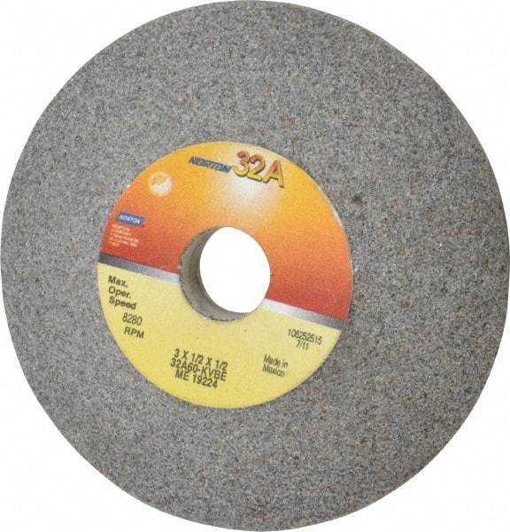 Norton - 3" Diam, 1/2" Hole Size, 1/2" Overall Thickness, 60 Grit, Type 12 Tool & Cutter Grinding Wheel - Medium Grade, Aluminum Oxide, K Hardness, Vitrified Bond, 8,280 RPM - Caliber Tooling