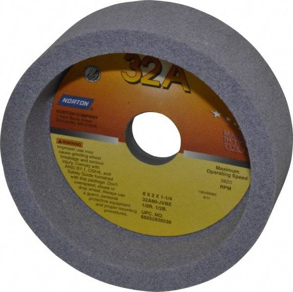 Norton - 6" Diam, 1-1/4" Hole Size, 2" Overall Thickness, 60 Grit, Type 6 Tool & Cutter Grinding Wheel - Medium Grade, Aluminum Oxide, J Hardness, Vitrified Bond, 3,820 RPM - Caliber Tooling