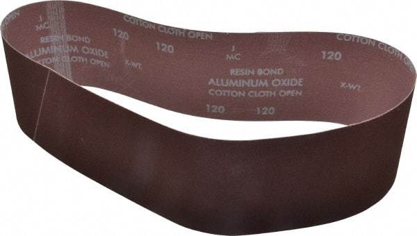 Norton - 4" Wide x 36" OAL, 120 Grit, Aluminum Oxide Abrasive Belt - Aluminum Oxide, Fine, Coated, X Weighted Cloth Backing, Series R228 - Caliber Tooling