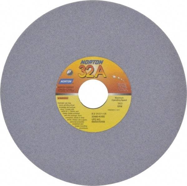 Norton - 8" Diam x 1-1/4" Hole x 1/4" Thick, K Hardness, 80 Grit Surface Grinding Wheel - Aluminum Oxide, Type 1, Medium Grade, 3,600 Max RPM, Vitrified Bond, No Recess - Caliber Tooling