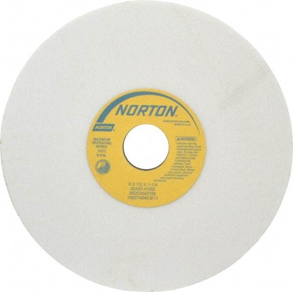 Norton - 8" Diam x 1-1/4" Hole x 1/2" Thick, H Hardness, 60 Grit Surface Grinding Wheel - Aluminum Oxide, Type 1, Medium Grade, 3,600 Max RPM, Vitrified Bond, No Recess - Caliber Tooling