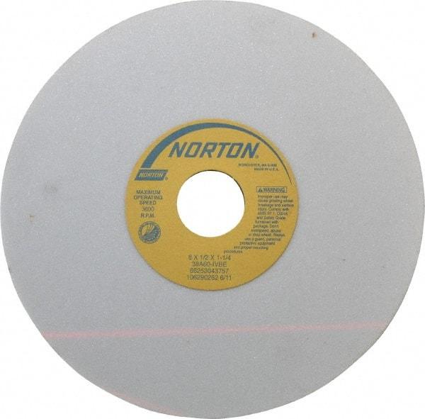 Norton - 8" Diam x 1-1/4" Hole x 1/2" Thick, I Hardness, 60 Grit Surface Grinding Wheel - Aluminum Oxide, Type 1, Medium Grade, 3,600 Max RPM, Vitrified Bond, No Recess - Caliber Tooling