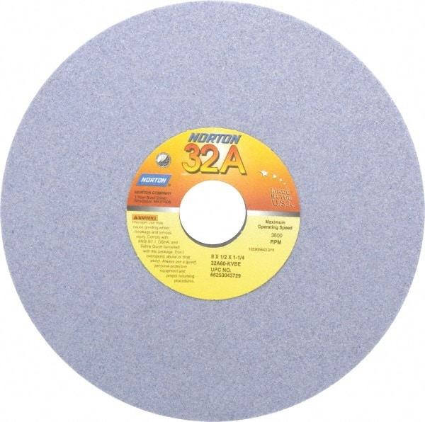 Norton - 8" Diam x 1-1/4" Hole x 1/2" Thick, K Hardness, 60 Grit Surface Grinding Wheel - Aluminum Oxide, Type 1, Medium Grade, 3,600 Max RPM, Vitrified Bond, No Recess - Caliber Tooling