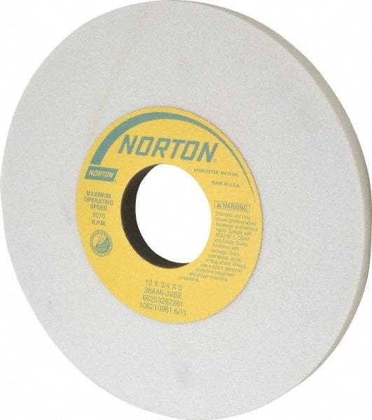 Norton - 12" Diam x 3" Hole x 3/4" Thick, J Hardness, 46 Grit Surface Grinding Wheel - Aluminum Oxide, Type 1, Coarse Grade, 2,070 Max RPM, Vitrified Bond, No Recess - Caliber Tooling