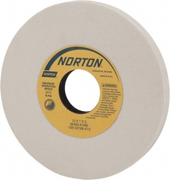 Norton - 12" Diam x 3" Hole x 1" Thick, K Hardness, 60 Grit Surface Grinding Wheel - Aluminum Oxide, Type 1, Medium Grade, 2,070 Max RPM, Vitrified Bond, No Recess - Caliber Tooling