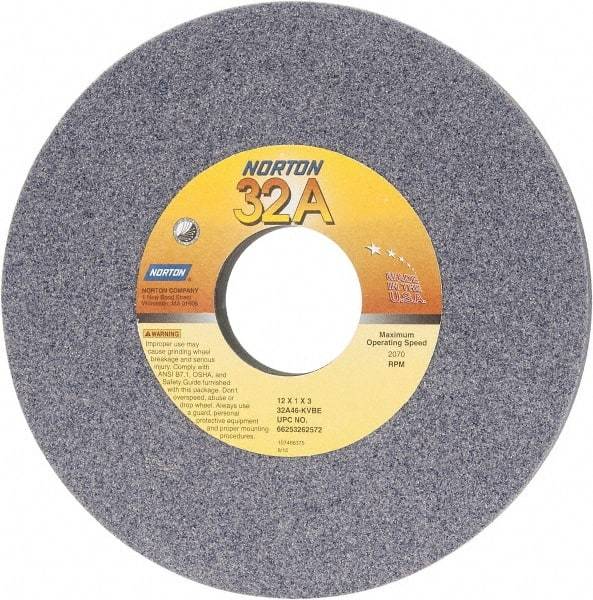 Norton - 12" Diam x 3" Hole x 1" Thick, K Hardness, 46 Grit Surface Grinding Wheel - Aluminum Oxide, Type 1, Coarse Grade, 2,070 Max RPM, Vitrified Bond, No Recess - Caliber Tooling