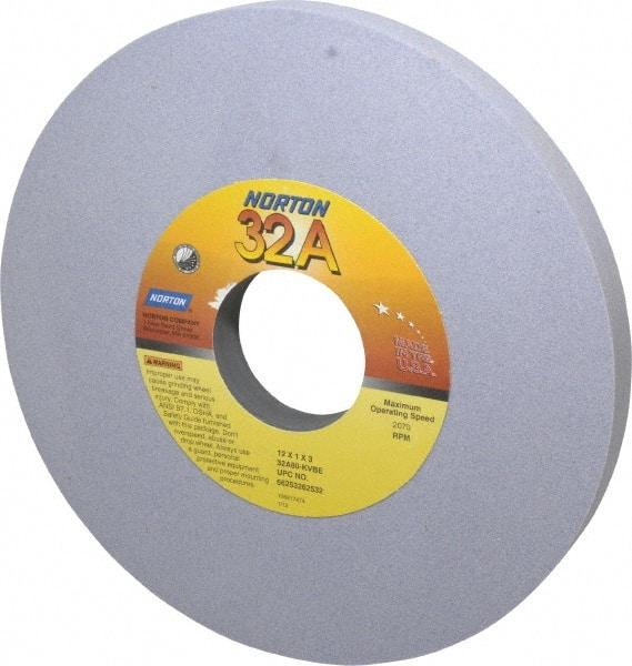 Norton - 12" Diam x 3" Hole x 1" Thick, K Hardness, 80 Grit Surface Grinding Wheel - Aluminum Oxide, Type 1, Medium Grade, 2,070 Max RPM, Vitrified Bond, No Recess - Caliber Tooling