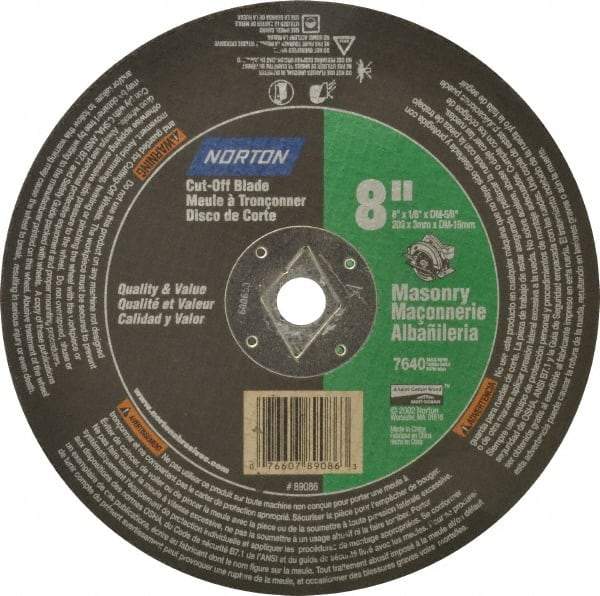 Norton - 8" 24 Grit Silicon Carbide Cutoff Wheel - 1/8" Thick, 5/8" Arbor, 7,640 Max RPM, Use with Circular Saws - Caliber Tooling