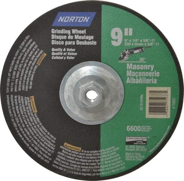 Norton - 24 Grit, 9" Wheel Diam, 1/4" Wheel Thickness, Type 27 Depressed Center Wheel - Silicon Carbide, 6,600 Max RPM, Compatible with Angle Grinder - Caliber Tooling