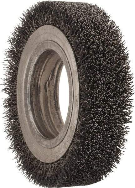 Osborn - 4-1/4" OD, 2" Arbor Hole, Crimped Steel Wheel Brush - 1" Face Width, 3/4" Trim Length, 0.0118" Filament Diam, 6,000 RPM - Caliber Tooling