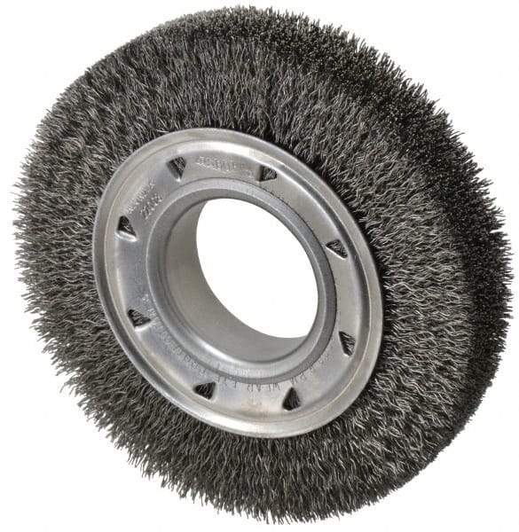 Osborn - 6" OD, 2" Arbor Hole, Crimped Steel Wheel Brush - 1-1/4" Face Width, 1" Trim Length, 0.014" Filament Diam, 6,000 RPM - Caliber Tooling