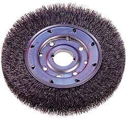 Osborn - 8" OD, 1-1/4" Arbor Hole, Crimped Steel Wheel Brush - 5/8" Face Width, 1-1/2" Trim Length, 0.008" Filament Diam, 4,500 RPM - Caliber Tooling