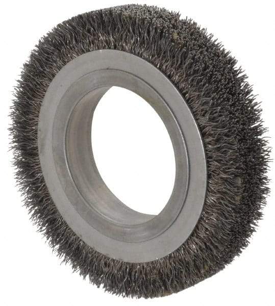 Osborn - 4-1/4" OD, 2" Arbor Hole, Crimped Steel Wheel Brush - 5/8" Face Width, 11/16" Trim Length, 0.0118" Filament Diam, 6,000 RPM - Caliber Tooling