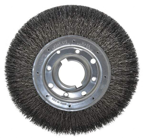 Osborn - 10" OD, 2" Arbor Hole, Crimped Steel Wheel Brush - 1-1/4" Face Width, 2" Trim Length, 0.02" Filament Diam, 3,600 RPM - Caliber Tooling