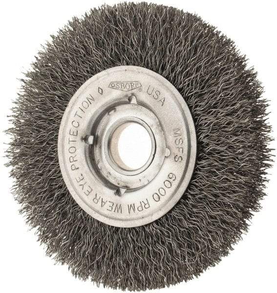 Osborn - 4" OD, 1/2 & 5/8" Arbor Hole, Crimped Steel Wheel Brush - 5/8" Face Width, 13/16" Trim Length, 0.0104" Filament Diam, 6,000 RPM - Caliber Tooling