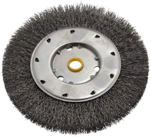 Osborn - 6" OD, 1/2 & 5/8" Arbor Hole, Crimped Steel Wheel Brush - 5/8" Face Width, 1-1/8" Trim Length, 0.0118" Filament Diam, 6,000 RPM - Caliber Tooling