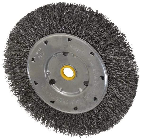 Osborn - 6" OD, 1/2 & 5/8" Arbor Hole, Crimped Steel Wheel Brush - 5/8" Face Width, 1-1/8" Trim Length, 0.014" Filament Diam, 6,000 RPM - Caliber Tooling