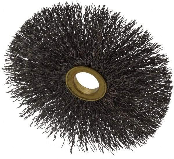 Osborn - 4" OD, 5/8" Arbor Hole, Crimped Steel Wheel Brush - 3/16" Face Width, 1-1/2" Trim Length, 0.014" Filament Diam, 15,000 RPM - Caliber Tooling