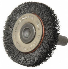 Osborn - 1-1/2" OD, 1/4" Shank Diam, Crimped Steel Wheel Brush - 3/8" Face Width, 9/32" Trim Length, 0.008" Filament Diam, 25,000 RPM - Caliber Tooling