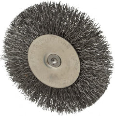 Osborn - 4" OD, 1/4" Shank Diam, Crimped Steel Wheel Brush - 1/2" Face Width, 1" Trim Length, 0.014" Filament Diam, 15,000 RPM - Caliber Tooling