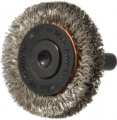 Osborn - 1-1/2" OD, 1/4" Shank Diam, Crimped Stainless Steel Wheel Brush - 3/8" Face Width, 9/32" Trim Length, 0.012" Filament Diam, 25,000 RPM - Caliber Tooling