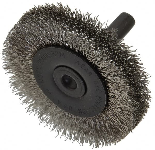 Osborn - 2" OD, 1/4" Shank Diam, Crimped Stainless Steel Wheel Brush - 3/8" Face Width, 7/16" Trim Length, 0.008" Filament Diam, 25,000 RPM - Caliber Tooling