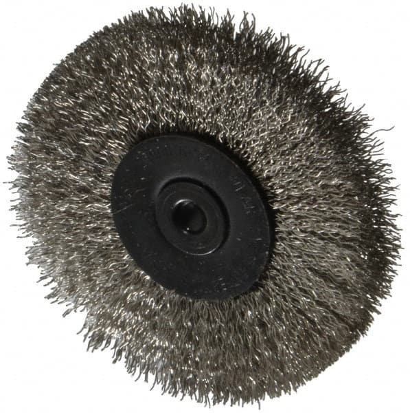 Osborn - 2-1/2" OD, 1/4" Shank Diam, Crimped Stainless Steel Wheel Brush - 7/16" Face Width, 11/16" Trim Length, 0.008" Filament Diam, 25,000 RPM - Caliber Tooling