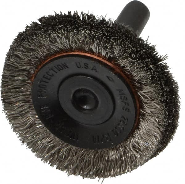 Osborn - 1-1/2" OD, 1/4" Shank Diam, Crimped Stainless Steel Wheel Brush - 3/8" Face Width, 3/8" Trim Length, 0.006" Filament Diam, 20,000 RPM - Caliber Tooling