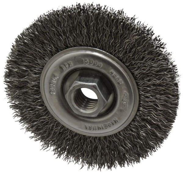 Osborn - 4" OD, 5/8-11 Arbor Hole, Crimped Steel Wheel Brush - 1/2" Face Width, 0.014" Filament Diam, 15,000 RPM - Caliber Tooling