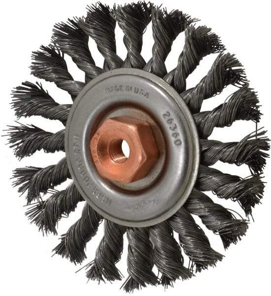 Osborn - 4" OD, 3/8-24 Arbor Hole, Knotted Steel Wheel Brush - 3/8" Face Width, 7/8" Trim Length, 0.014" Filament Diam, 20,000 RPM - Caliber Tooling