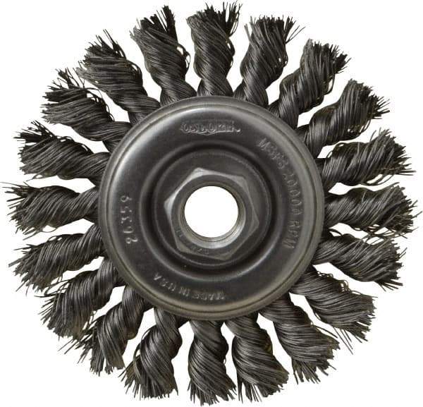 Osborn - 4" OD, 5/8-11 Arbor Hole, Knotted Steel Wheel Brush - 3/8" Face Width, 7/8" Trim Length, 0.014" Filament Diam, 20,000 RPM - Caliber Tooling